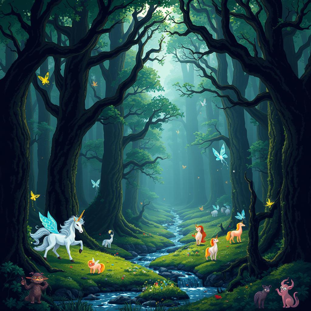 A mysterious forest filled with fabulous creatures in a pixel art style