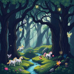 A mysterious forest filled with fabulous creatures in a pixel art style