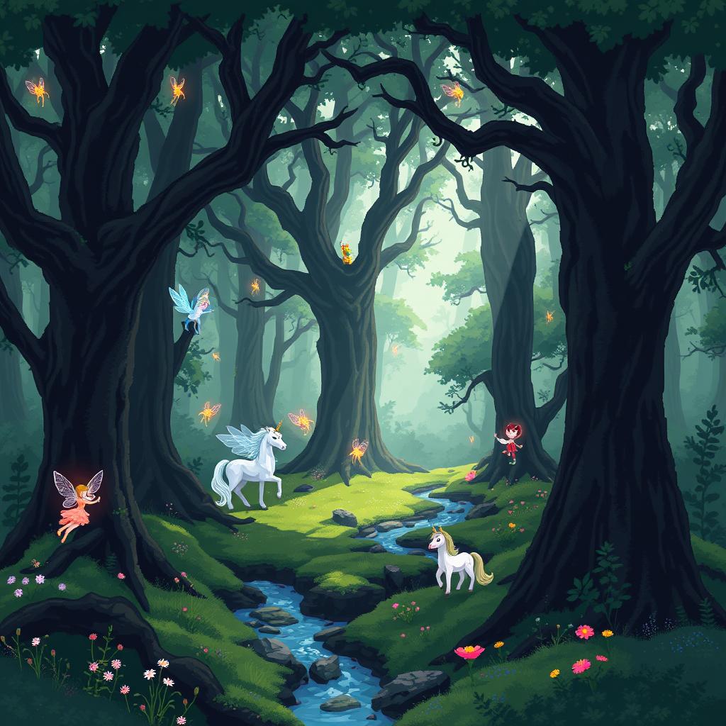 A mysterious forest filled with fabulous creatures in a pixel art style