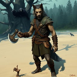 A thin werewolf ranger in human form, exuding an aura of mystery as he stands on a beach