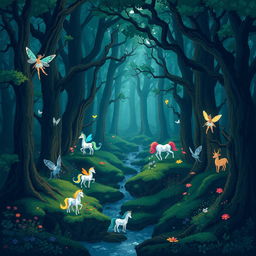 A mysterious forest filled with fabulous creatures in a pixel art style