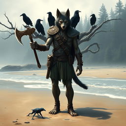 A thin werewolf ranger in human form, exuding an aura of mystery as he stands on a beach