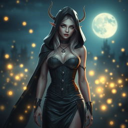 An ethereal high elf sorceress with a captivating presence, wearing an exquisite corset and a sleek leather skirt