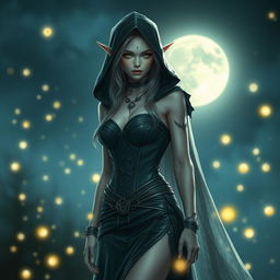 An ethereal high elf sorceress with a captivating presence, wearing an exquisite corset and a sleek leather skirt