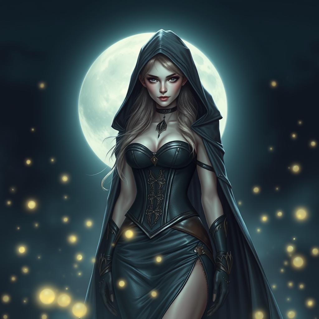 An ethereal high elf sorceress with a captivating presence, wearing an exquisite corset and a sleek leather skirt