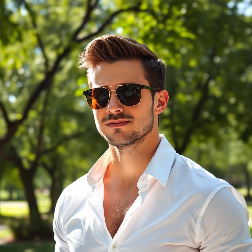 A hot man exuding charm and confidence, wearing a crisp white office shirt and stylish sunglasses