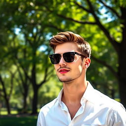 A hot man exuding charm and confidence, wearing a crisp white office shirt and stylish sunglasses