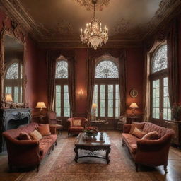 A classic house interior illustrating timeless elegance with high ceilings, sophisticated furniture, ornate details, warm lighting, and rich, deep color tones.