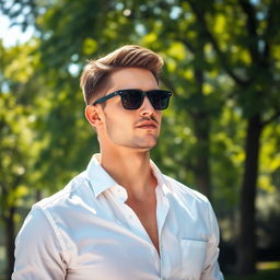 A hot man exuding charm and confidence, wearing a crisp white office shirt and stylish sunglasses