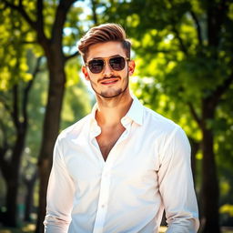 A hot man exuding charm and confidence, wearing a crisp white office shirt and stylish sunglasses