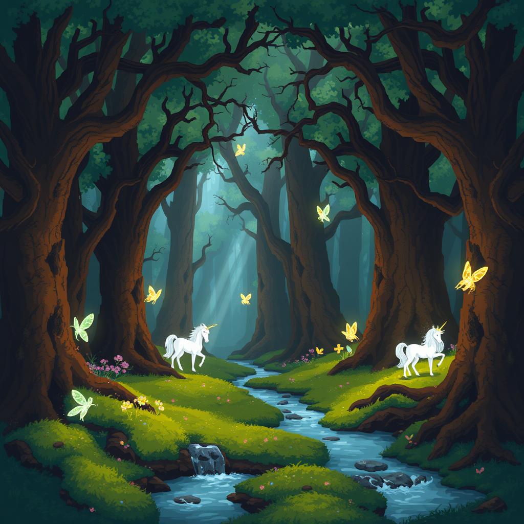 Pixel art depicting a mysterious forest