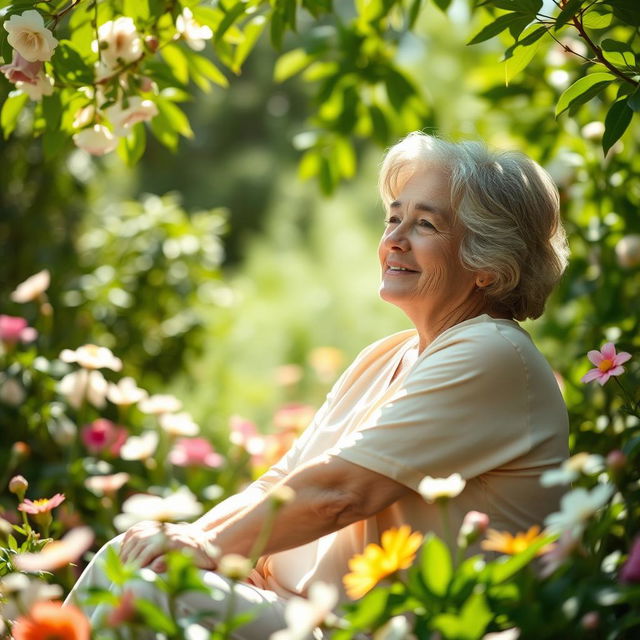 A serene and comforting scene depicting a mature woman experiencing the benefits of hormone replacement therapy during menopause