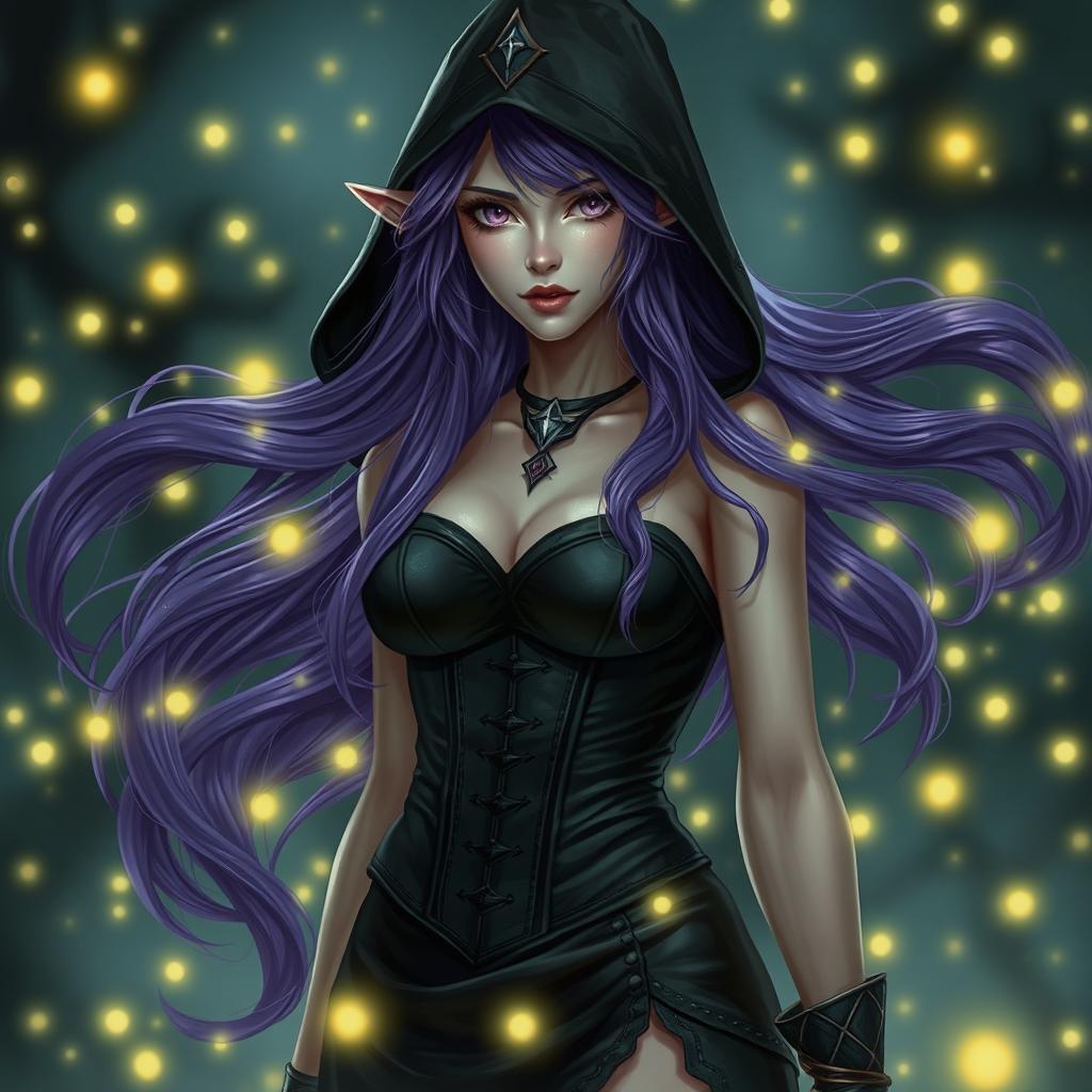 An ethereal high elf sorceress with enchanting purple hair flowing elegantly beneath a mysterious hood