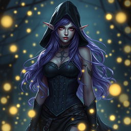 An ethereal high elf sorceress with enchanting purple hair flowing elegantly beneath a mysterious hood