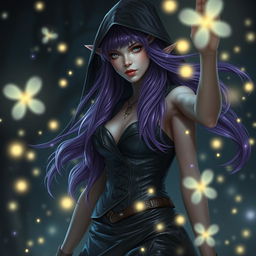 An ethereal high elf sorceress with enchanting purple hair flowing elegantly beneath a mysterious hood