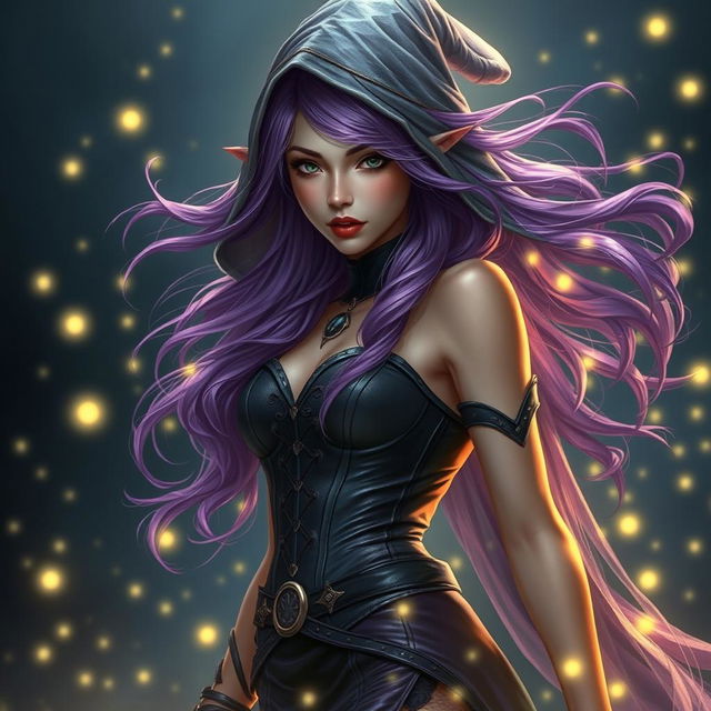 An ethereal high elf sorceress with enchanting purple hair flowing elegantly beneath a mysterious hood