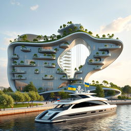 A cutting-edge architectural structure shaped like the map of Ukraine, featuring a significant opening that mimics the nation's outline