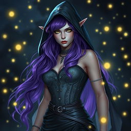 An ethereal high elf sorceress with enchanting purple hair cascading elegantly beneath a shadowy hood