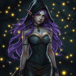 An ethereal high elf sorceress with enchanting purple hair cascading elegantly beneath a shadowy hood