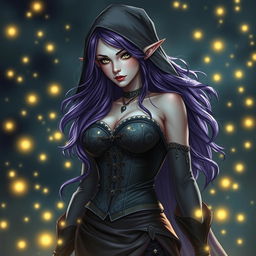 An ethereal high elf sorceress with enchanting purple hair cascading elegantly beneath a shadowy hood