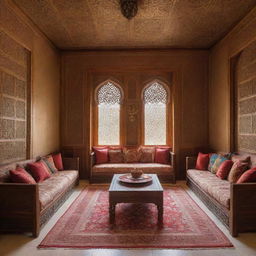 A traditional Arabian house interior showcasing intricate arabesque patterns, vibrant color schemes, rich textiles, and beautifully carved wooden furniture, exuding a sense of opulence and warmth.