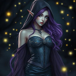 An ethereal high elf sorceress with enchanting purple hair cascading elegantly beneath a shadowy hood