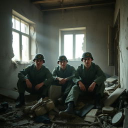 Ukrainian soldiers sitting amidst the debris of a destroyed house in Bakhmut, Ukraine