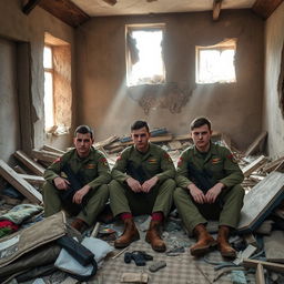 Ukrainian soldiers sitting amidst the debris of a destroyed house in Bakhmut, Ukraine