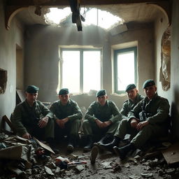 Ukrainian soldiers sitting amidst the debris of a destroyed house in Bakhmut, Ukraine