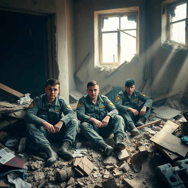 Ukrainian soldiers sitting amidst the debris of a destroyed house in Bakhmut, Ukraine