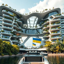 A spectacular architectural structure designed to mimic the map of Ukraine, showcasing a prominent opening that mirrors the country's silhouette