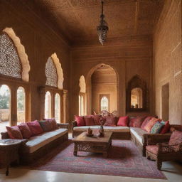 A traditional Arabian house interior showcasing intricate arabesque patterns, vibrant color schemes, rich textiles, and beautifully carved wooden furniture, exuding a sense of opulence and warmth.