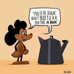 Create an image in Disney animation style featuring a talking cook pot with a speech bubble saying 'you are black' to a sleek black kettle.