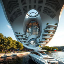 A spectacular architectural structure designed to mimic the map of Ukraine, showcasing a prominent opening that mirrors the country's silhouette