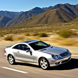 A 2005 Mercedes-Benz Sport Coupe in a stunning action shot on an open road, capturing its sleek and aerodynamic design