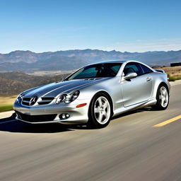 A 2005 Mercedes-Benz Sport Coupe in a stunning action shot on an open road, capturing its sleek and aerodynamic design