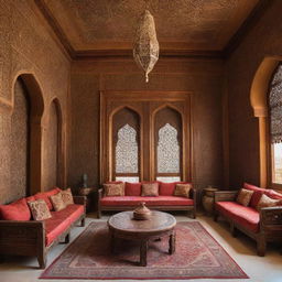 A traditional Arabian house interior showcasing intricate arabesque patterns, vibrant color schemes, rich textiles, and beautifully carved wooden furniture, exuding a sense of opulence and warmth.