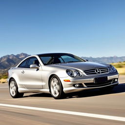 A 2005 Mercedes-Benz Sport Coupe in a stunning action shot on an open road, capturing its sleek and aerodynamic design