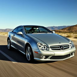 A 2005 Mercedes-Benz Sport Coupe in a stunning action shot on an open road, capturing its sleek and aerodynamic design