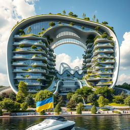 A spectacular architectural structure designed to echo the map of Ukraine, with a significant opening mirroring the country's distinctive silhouette