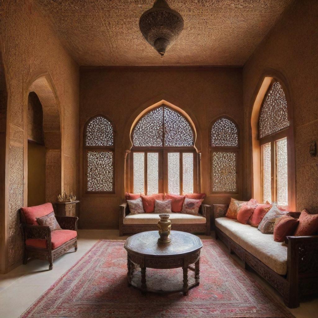 A traditional Arabian house interior showcasing intricate arabesque patterns, vibrant color schemes, rich textiles, and beautifully carved wooden furniture, exuding a sense of opulence and warmth.