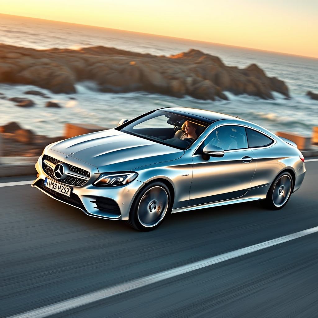 A Mercedes-Benz C220 Sport Coupe in a dynamic action shot on a scenic coastal road