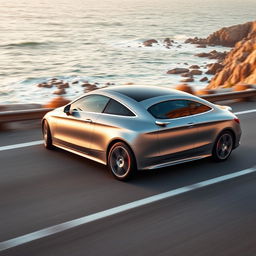 A Mercedes-Benz C220 Sport Coupe in a dynamic action shot on a scenic coastal road