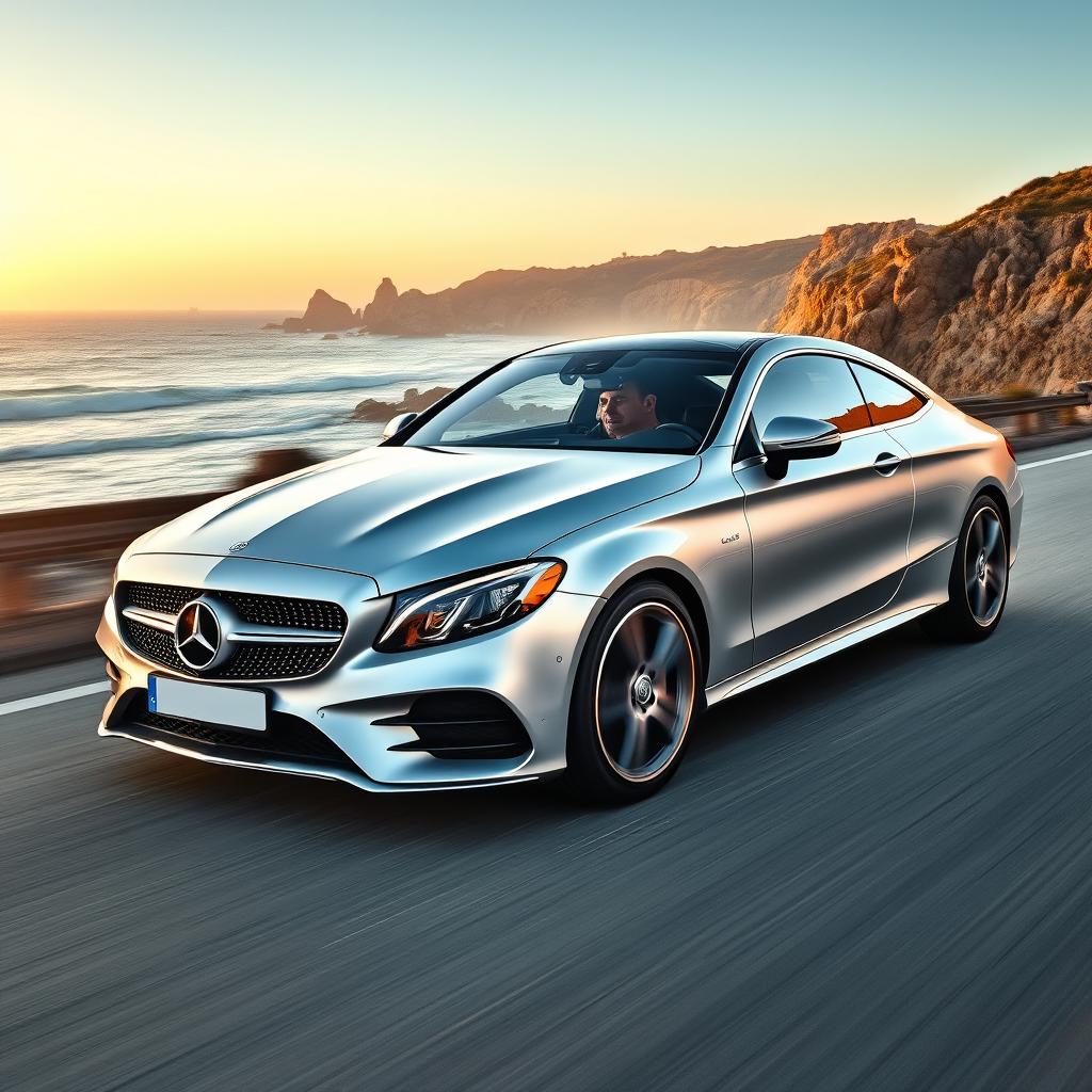 A Mercedes-Benz C220 Sport Coupe in a dynamic action shot on a scenic coastal road