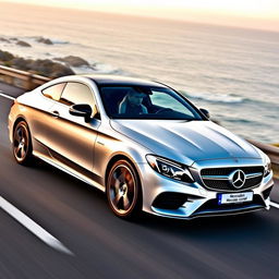 A Mercedes-Benz C220 Sport Coupe in a dynamic action shot on a scenic coastal road