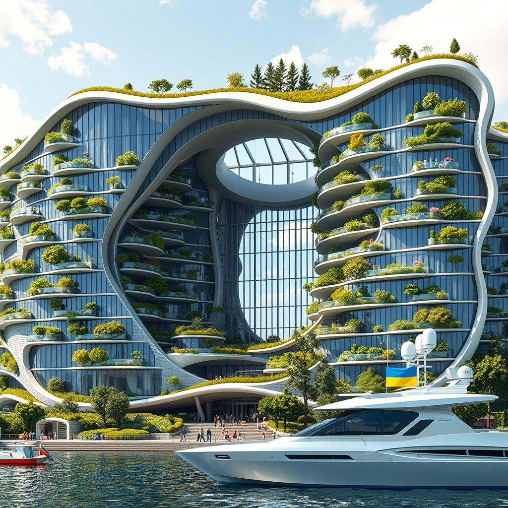 A groundbreaking architectural masterpiece shaped like the map of Ukraine, featuring a prominent opening replicating the country's outline