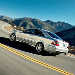 A 2005 Mercedes-Benz C220 Sport Coupe depicted in an engaging action shot as it drives along a winding mountain road