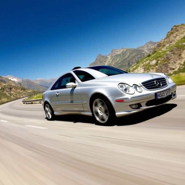 A 2005 Mercedes-Benz C220 Sport Coupe depicted in an engaging action shot as it drives along a winding mountain road