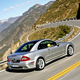 A 2005 Mercedes-Benz C220 Sport Coupe depicted in an engaging action shot as it drives along a winding mountain road