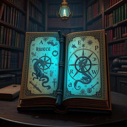 A new, unreadable magic spellbook covered in ancient, ornate runes